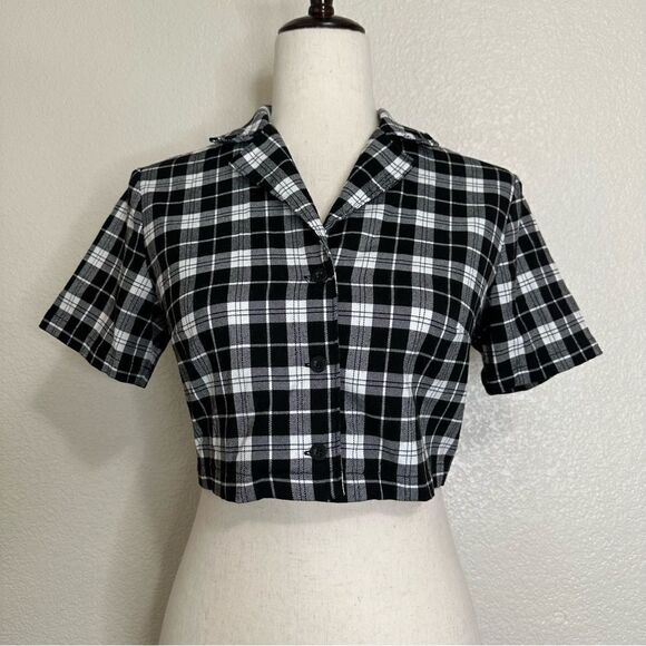 Brandy Melville John Galt Black White Plaid Button Down Cropped Top, Sz Small - Picture 3 of 14